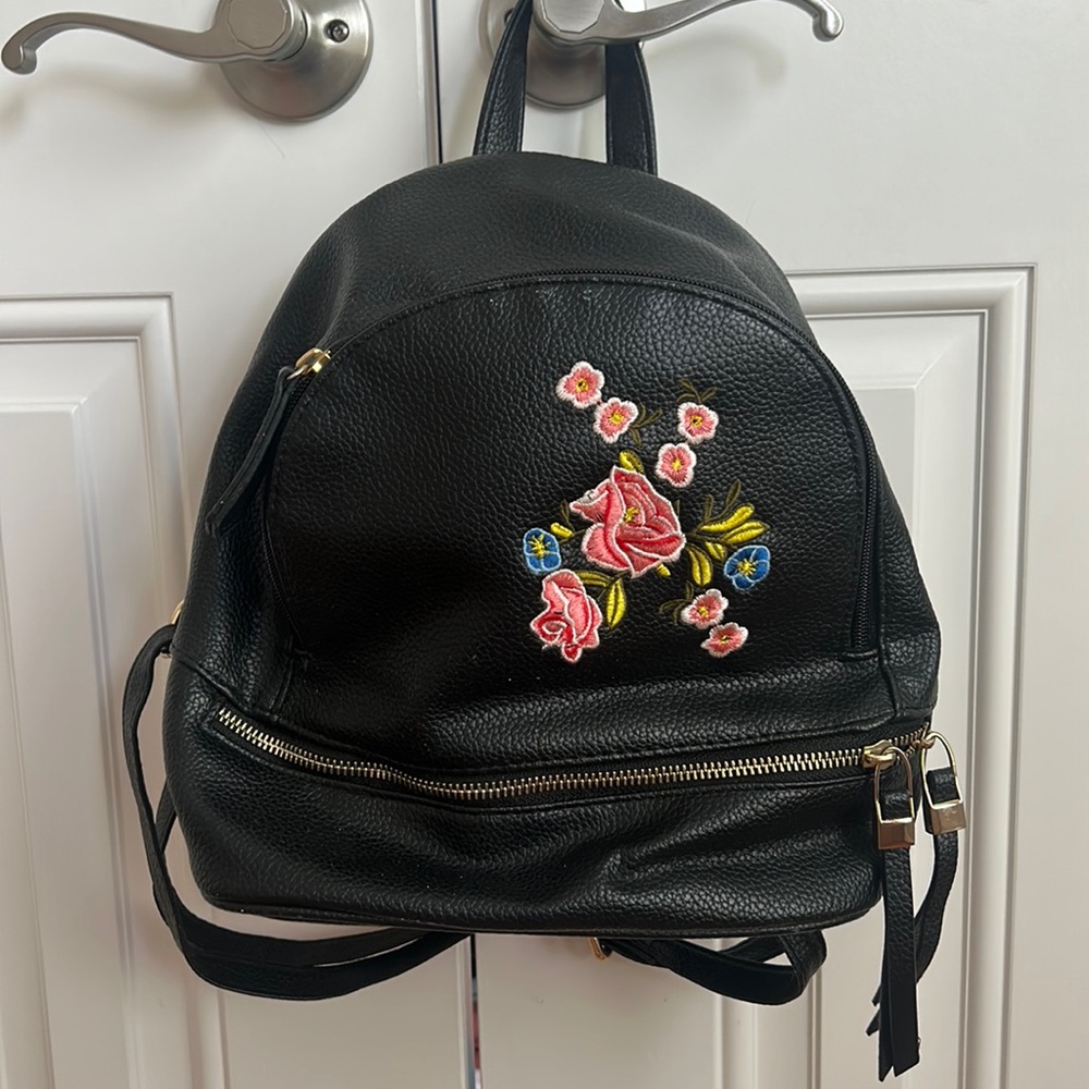 Mini Faux Leather Backpack with Floral Stiching